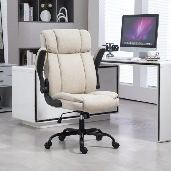 Office Chair High Back Ergonomic Executive Chair Comfortable Fabric Padded Home Office Desk Chairs with Flip-up Adjustable Armrest Swivel Wheels (Beige)