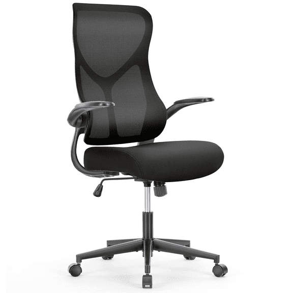 Office Chair, High Back Mesh Computer Chair with Flip-up Armrests Lumbar Support and Adjustable Headrest for Home Office, Black