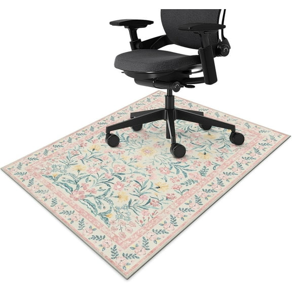 Office Chair Mat for Hardwood & Tile Floor 36"x48",Boho Blush Pink Floral Farmhouse Vintage Computer Rolling Chairs Mat Carpet,Under Desk Non Slip Gaming Rug Low-Pile Rubber Backing Protector Mat