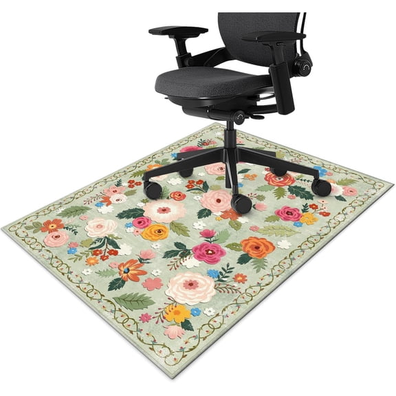 Office Chair Mat for Hardwood & Tile Floor 36"x48",Boho Green Floral Farmhouse Vintage Computer Rolling Chairs Mat Carpet,Under Desk Non Slip Gaming Rug Low-Pile Rubber Backing Protector Mat