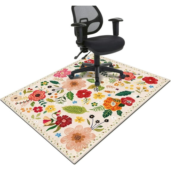 Office Chair Mat for Hardwood & Tile Floor,Boho Floral 60"x48" Office Computer Chair Mat for Rolling Chairs,Under Desk Non Slip Gaming Rug,Rubber Backing Large Low-Pile Carpet Protector Mat(Beige)