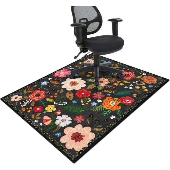 Office Chair Mat for Hardwood & Tile Floor,Boho Floral 60"x48" Office Computer Chair Mat for Rolling Chairs,Under Desk Non Slip Gaming Rug,Rubber Backing Large Low-Pile Carpet Protector Mat(Black)