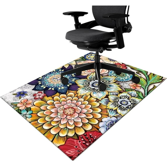 Office Chair Mat for Hardwood & Tile Floor,Boho Mandala Floral 36"x48" Computer Chair Mat for Rolling Chairs Carpet, Under Desk Non Slip Gaming Rug, Low-Pile Rubber Backing Large Protector Mat