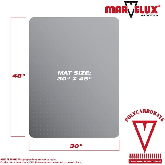 Office Chair Mat for Carpeted Floors, Heavy Duty Polycarbonate for Medium Pile Carpets, Rectangular 30" x 48" Clear Carpet Protector, Shipped Flat