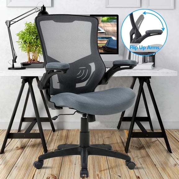 Office Chair Mesh Desk Chair Mid Back Computer Chair with Lumbar Support & Flip Up Arms Ergonomic Chic Adjustable Swivel Rolling Task Executive Chair for Men Women, Grey