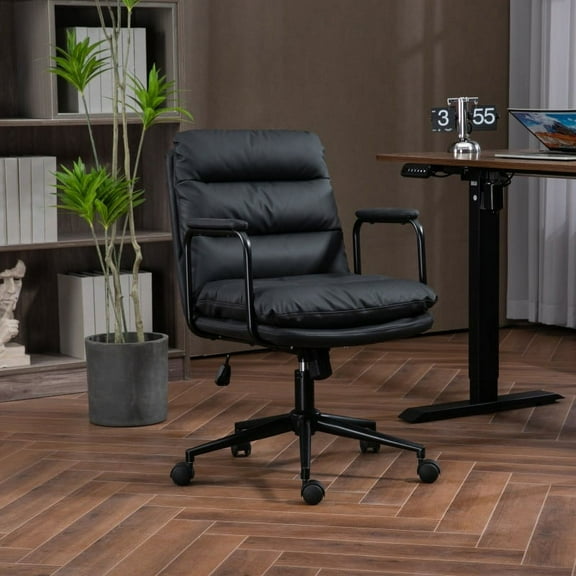Office Chair,Mid Back Home Office Desk Task Chair with Wheels and Arms Ergonomic PU Leather Computer Rolling Swivel Chair with Padded Armrest,The back of the chair can recline 40° (Brown)