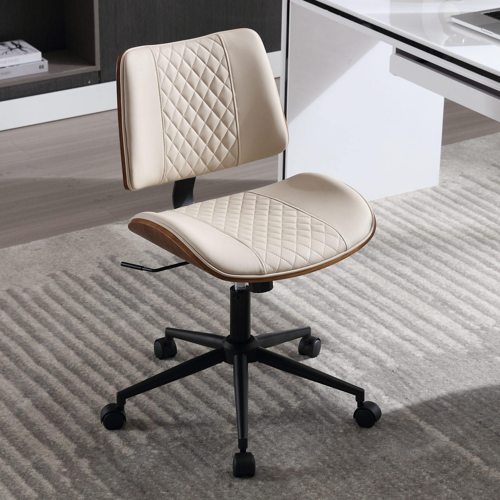 Stylish Swivel Armless Desk Chair, PU Leather, Lumbar Support, Height