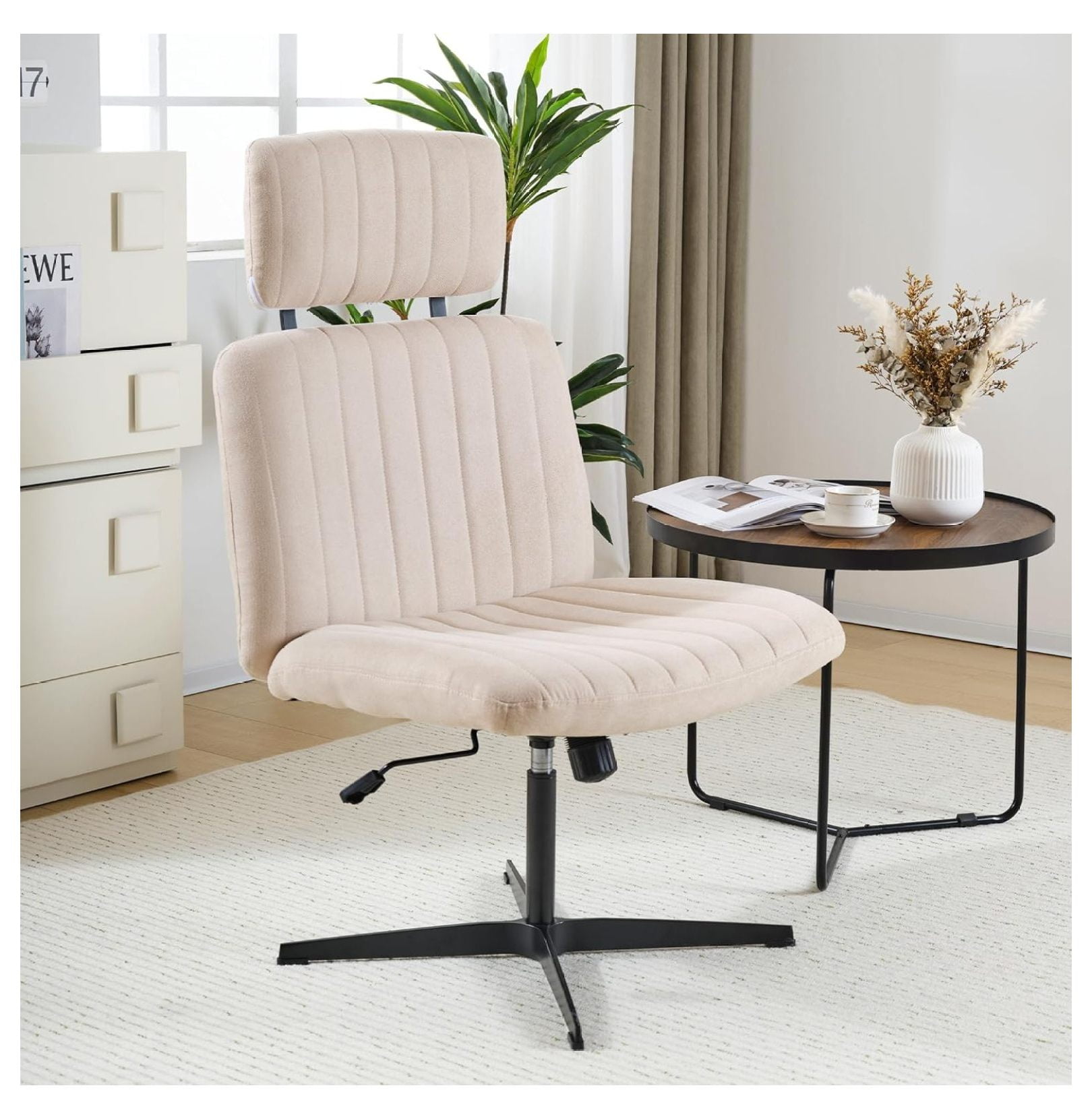 Office Chair No Wheels with Head Rest, Solid Aluminum Base and Soft