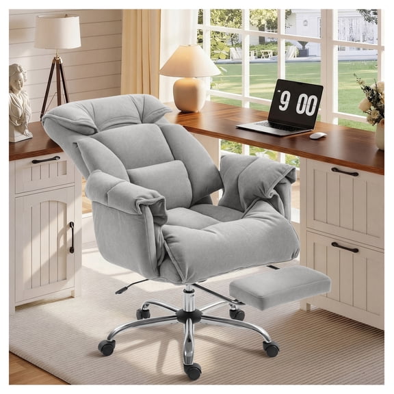 Office Chair Reclining Desk Chair with Footrest, High Back Ergonomic Chair, Snow Flannel Fabric, Adjustable Height, Rolling Swivel Chair, Light Taupe Gray