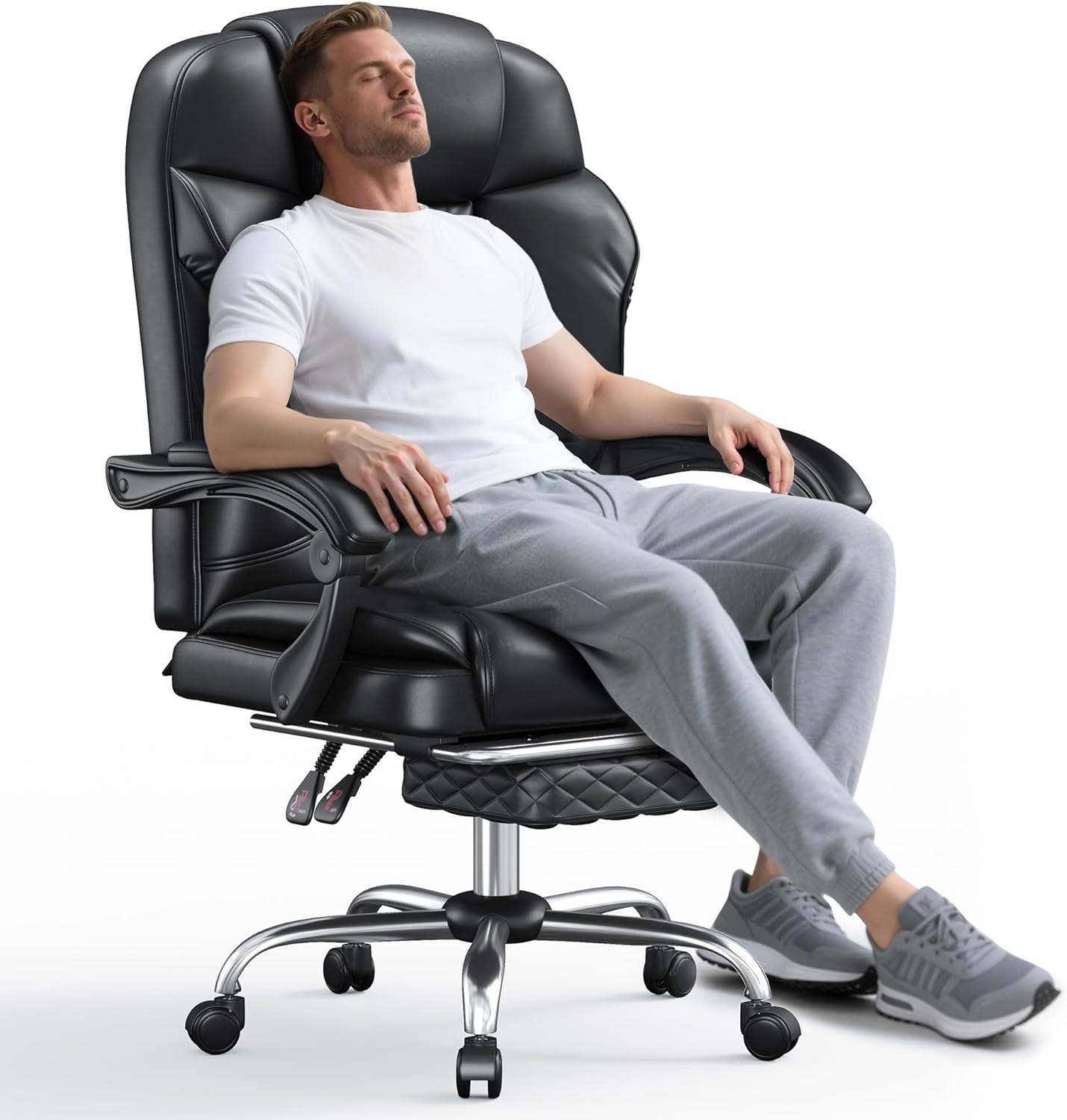 Office Chair with Retractable Footrest, Ergonomic High Back Design Executive Computer Desk Chair with Removable Lumbar Pillow,90-145°Reclining Thick Bonded Leather for Home Office Work,Black