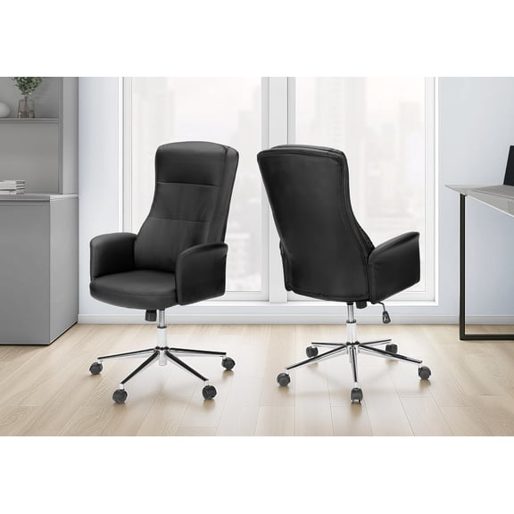 Office Chair, Swivel, Adjustable Height, Armrests, Ergonomic, Work, Black Leather Look, Chrome Metal, Contemporary, Modern