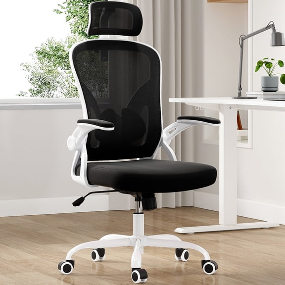 Office Chair with Thickened Cushion,Home Desk Chair with Headrest,High Back Computer Chair with Armrests,Adjustable Lumbar Support,Breathable Mesh,for Home Office Study Room,Black,White