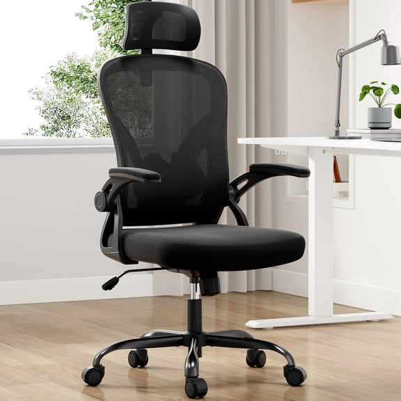 Office Chair with Thickened Cushion,Home Desk Chair with Headrest,High Back Computer Chair with Armrests,Adjustable Lumbar Support,Breathable Mesh,for Home Office Study Room,Black