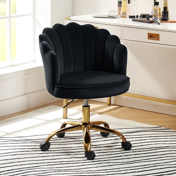 Office Chair Velvet Upholstered Task Computer Desk Shell Makeup Vanity Swivel Adjustable Metal Gold Base Bedroom Black