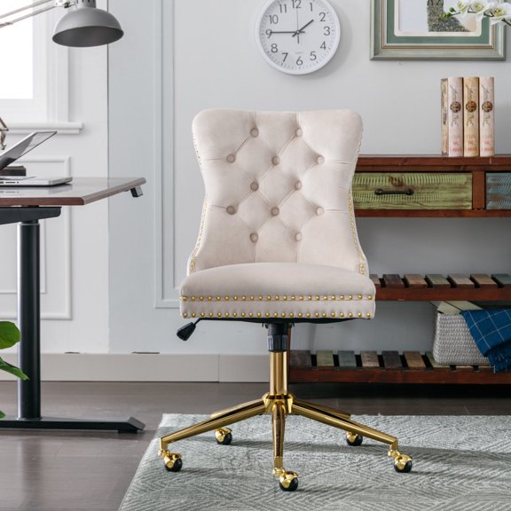Office Chair,Velvet Upholstered Tufted Button Home Office Chair with Golden Metal Base,Adjustable Desk Chair Swivel Office Chair