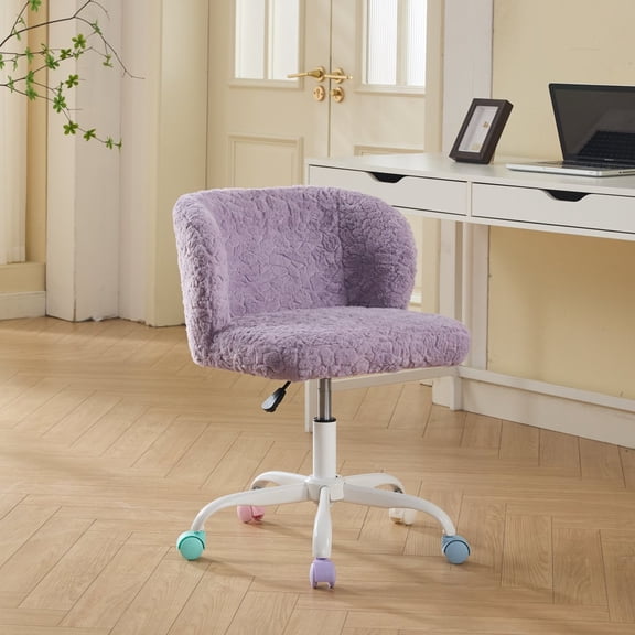 Office Chair Violet Faux Fur Adjustable Desk Chair with Metal Base, Artificial Rabbit Hair Swivel Vanity Chair for Bedroom, Ergonomic Wide Seat Non-Shedding Fabric