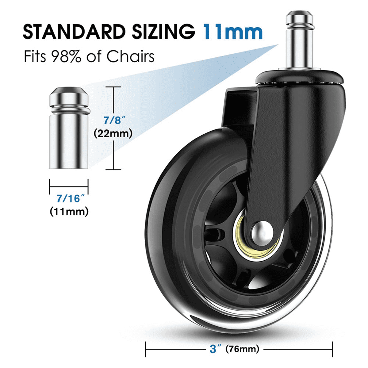 Office Chair Wheels, 3Inch Replacement Soft Mute Desk Caster Wheels for Work & Gaming Chair, Heavy Duty and Safe