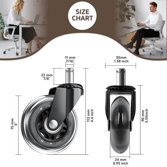 Office Chair Wheels, Set of 10 Caster Wheels Office Accessories, 3 Inch Heavy Duty Casters for Chairs to Replace Office Chair Mats, Smooth & Quiet Universal Fit for Most Chairs(10 Pack)