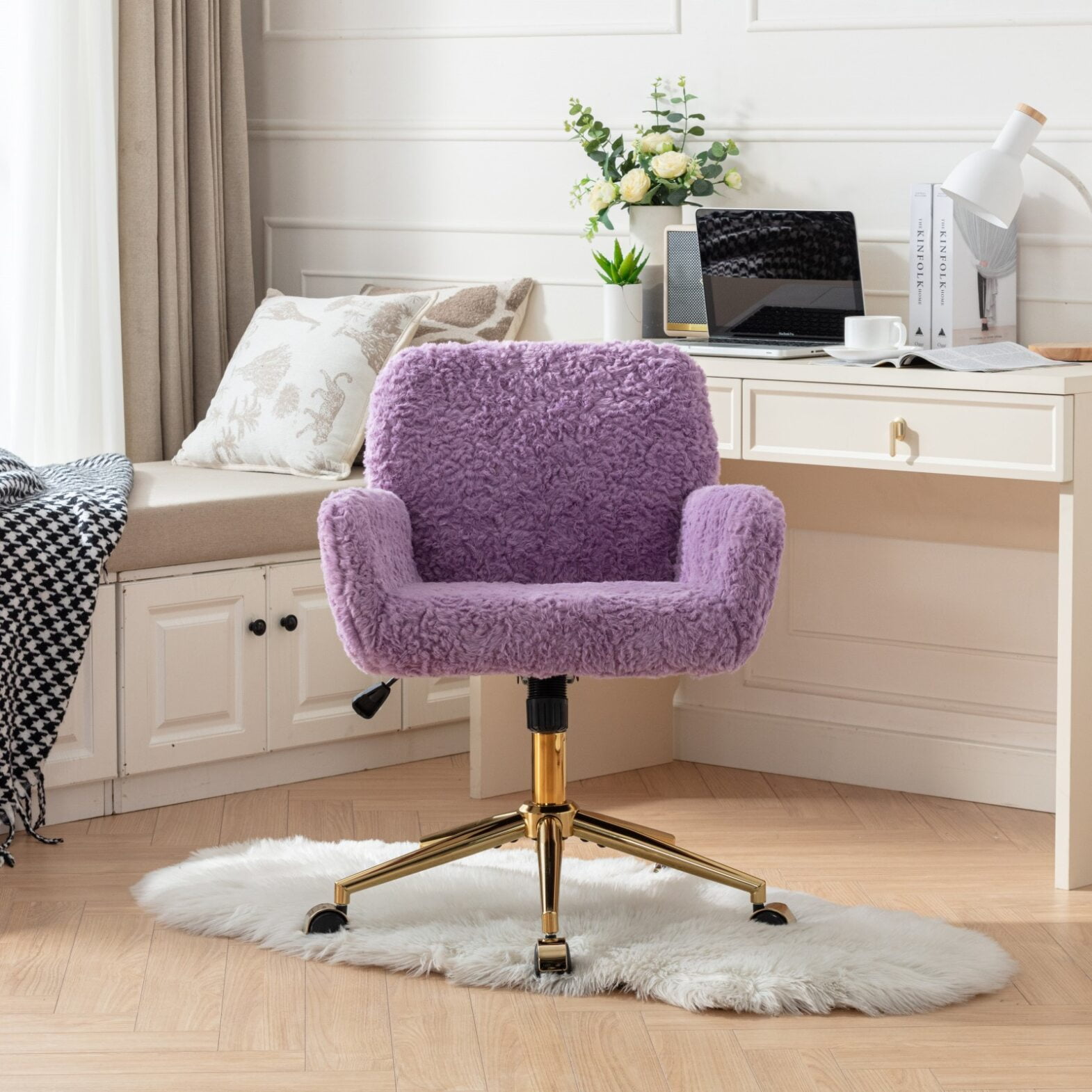 Office Chair with Wheels Vanity Chair with Back and Armrest Home Office Desk Chairs in Velvet Height Adjustable Swivel Computer Task Chair for Home Small Spaces Living Room Bedroom Violet Walmart