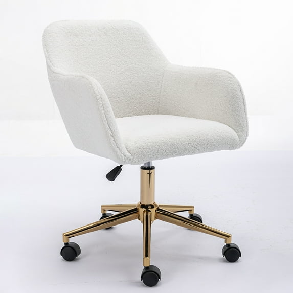 Office Chair With Wheels, Chromium Plated Base, Gold Metal Legs 360° Swivel Vanity Chair, Adjustable Height Wool Chairs For Office, Living Room, Bedroom