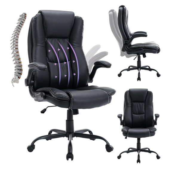 Office Chair with Flip-up Armrest,PU Leather Ergonomic Office Chair with Back Lumbar Support,Swivel Rolling Desk Chair with Wheels Black