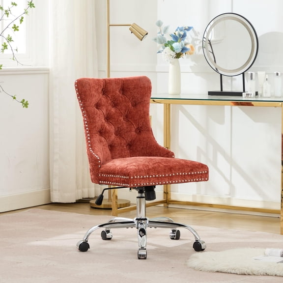 Office Chairs A&A Furniture Office Chair,Modern Chenille Upholstered Tufted Button Home Office Chair with Chrome Metal Base,Adjustable Desk Chair Swivel Office Chair (Orange),Ergonomic Office Chairs