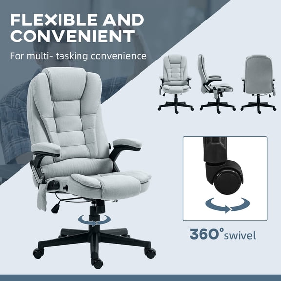 Office Chairs HOMCOM 6 Point Vibrating Massage Office Chair with Heat, Linen High Back Executive Office Chair with Reclining Backrest, Padded Armrests and Remote, Light Gray,Mesh Office Chairs