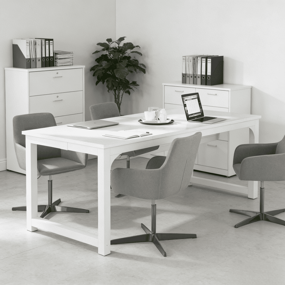 Office Computer Desk 71Inch Wide Executive Large Home Office Workstation 4 Board Top Particle Wood Metal Legs Triangular Weld Design Sturdy Spacious Easy Assembly Quality Furniture For Study Work Use