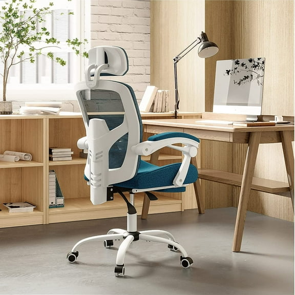 Office Computer Desk Chair with Footrest,Ergonomic High-Back Mesh Rolling Work Swivel Chairs with Wheels,Comfortable Lumbar Support,Comfy Arms for Home,Bedroom,Study,Student,Light Blue