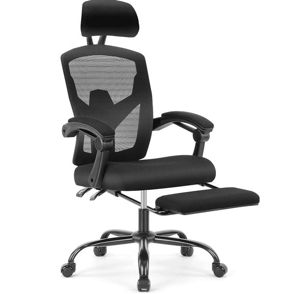 Office Computer Desk Chair, High-Back Ergonomic Mesh Swivel Chair with Lockable Recline, Adjustable Lumbar Support, Retractable Footrest & Padded Arms for Home Office, Study, and Gaming, Black