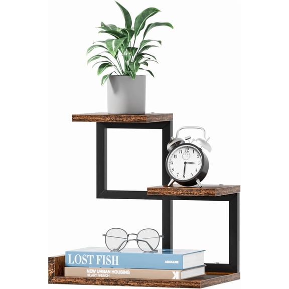 Office Decor Desk Shelf Organizer - Wood Desktop Shelf, Freestanding Hutch, 3 Tier Storage Display Rack, Small Bookshelf with Metal Frame for Books/Plants/Toys (Rustic Brown Black)