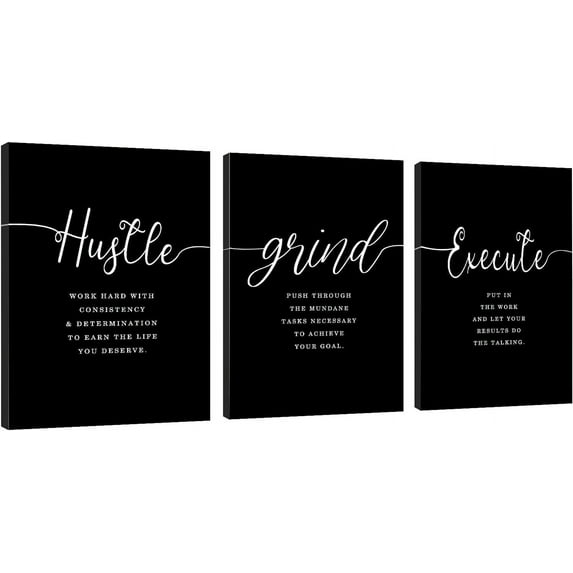 Office Decor - Hustle Quotes Execute Prints, Framed Canvas Wall Art Grind Quote, Office Wall Art, Black Large Poster, Positive MotivationalPrints, Inspirational Print (F-3pcs,12x16inchx3pcs)