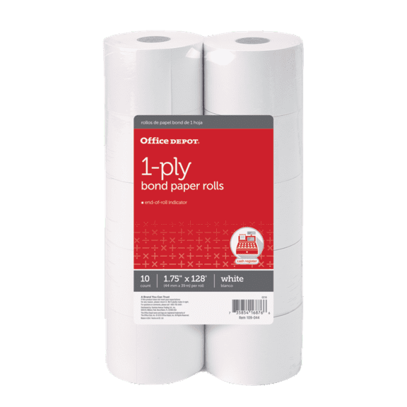 Office Depot 1-Ply Paper Rolls, 1 3/4in. x 128ft., White, Pack Of 10, 109044