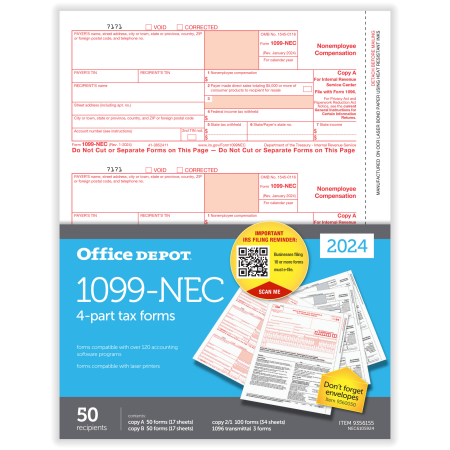 Office Depot® 1099-NEC Laser Tax Forms, 4-Part, 2-Up, 8-1/2" x 11", Pack Of 50 Form Sets