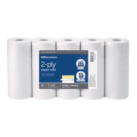 Office Depot 2-Ply Paper Rolls, 3in. x 85ft., Canary/White, Pack Of 10, 109275