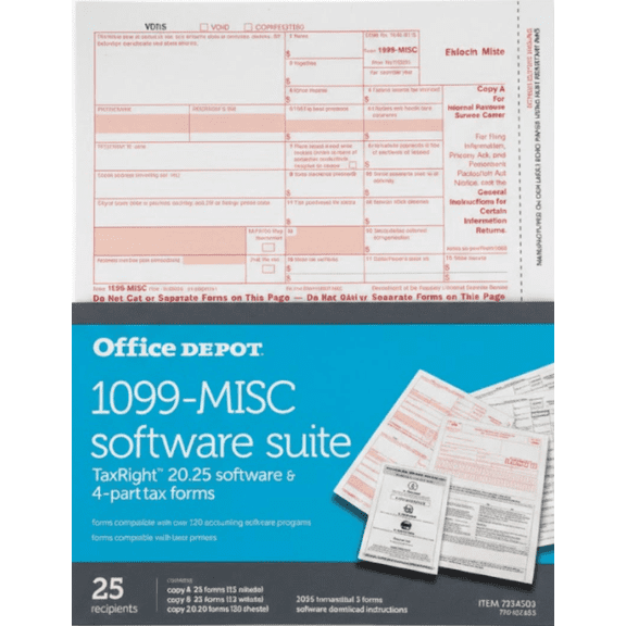 Office Depot 2025 1099-MISC Software Suite with 4-Part Tax Forms, TaxRight Software, 25 Recipient Pack