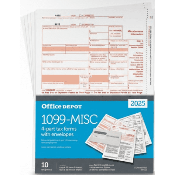 Office Depot 2025 1099-MISC Tax Forms with Envelopes, 4-Part Carbonless, 10 Recipient Pack