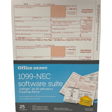 Office Depot 2025 1099-NEC Software Suite with 4-Part Tax Forms, TaxRight Software, 25 Recipient Pack