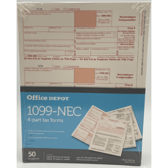 Office Depot 2025 1099-NEC Tax Forms, 4-Part Carbonless, 50 Recipient Pack