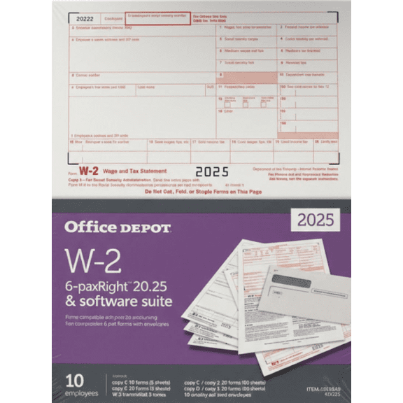 Office Depot 2025 W-2 Software Suite with 6-Part Tax Forms, TaxRight Software, 10 Employee Pack