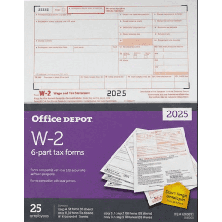 Office Depot 2025 W-2 Tax Forms, 6-Part Carbonless, 25 Employee Pack
