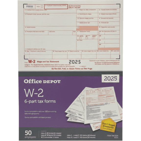 Office Depot 2025 W-2 Tax Forms, 6-Part Carbonless, 50 Employee Pack