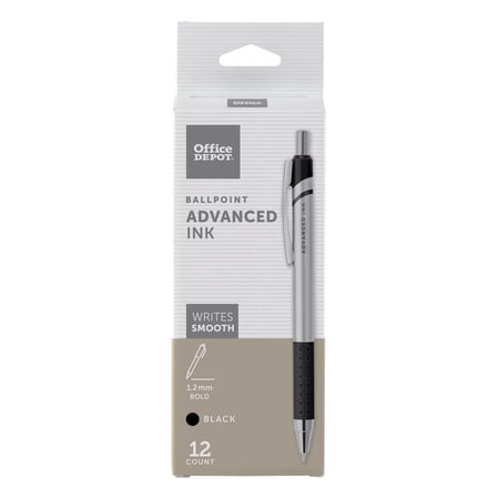 Office Depot Advanced Ink Retractable Ballpoint Pens, Bold Point, 1.2 mm, Silver Barrel, Black Ink, Pack Of 12
