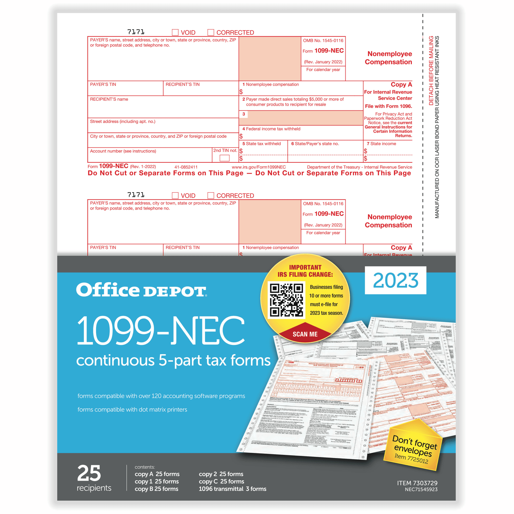 Office Depot® Brand 1099NEC Continuous Tax Forms, 5Part, 3Up, 9" x 11", Pack Of 25 Form Sets