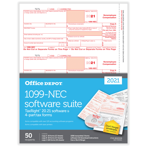 Office Depot® Brand 1099NEC Laser Tax Forms With Software, 3Up, 4Part, 81/2" x 11", Pack Of