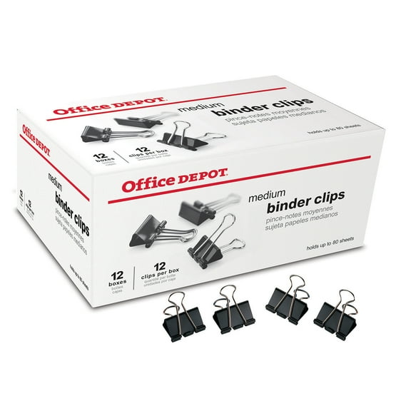 Office Depot Brand Binder Clips, Medium, 1 1/4" Wide, 5/8" Capacity, Black, Pack Of 144 (12 Boxes Of 12 Clips)