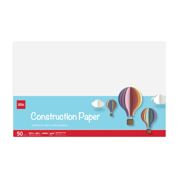 Office Depot Brand Construction Paper, 12" x 18", 100% Recycled, White, Pack Of 50 Sheets