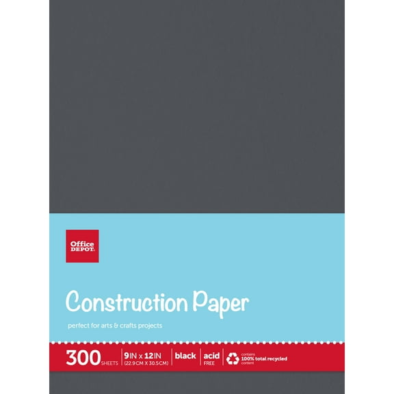 Office Depot Brand Construction Paper, 9" x 12", 100% Recycled, Black, Pack Of 300 Sheets