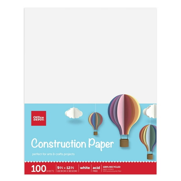 Office Depot Brand Construction Paper, 9" x 12", 100% Recycled, White, Pack Of 100 Sheets