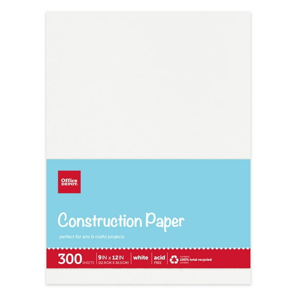Office Depot Brand Construction Paper, 9" x 12", 100% Recycled, White, Pack Of 300 Sheets